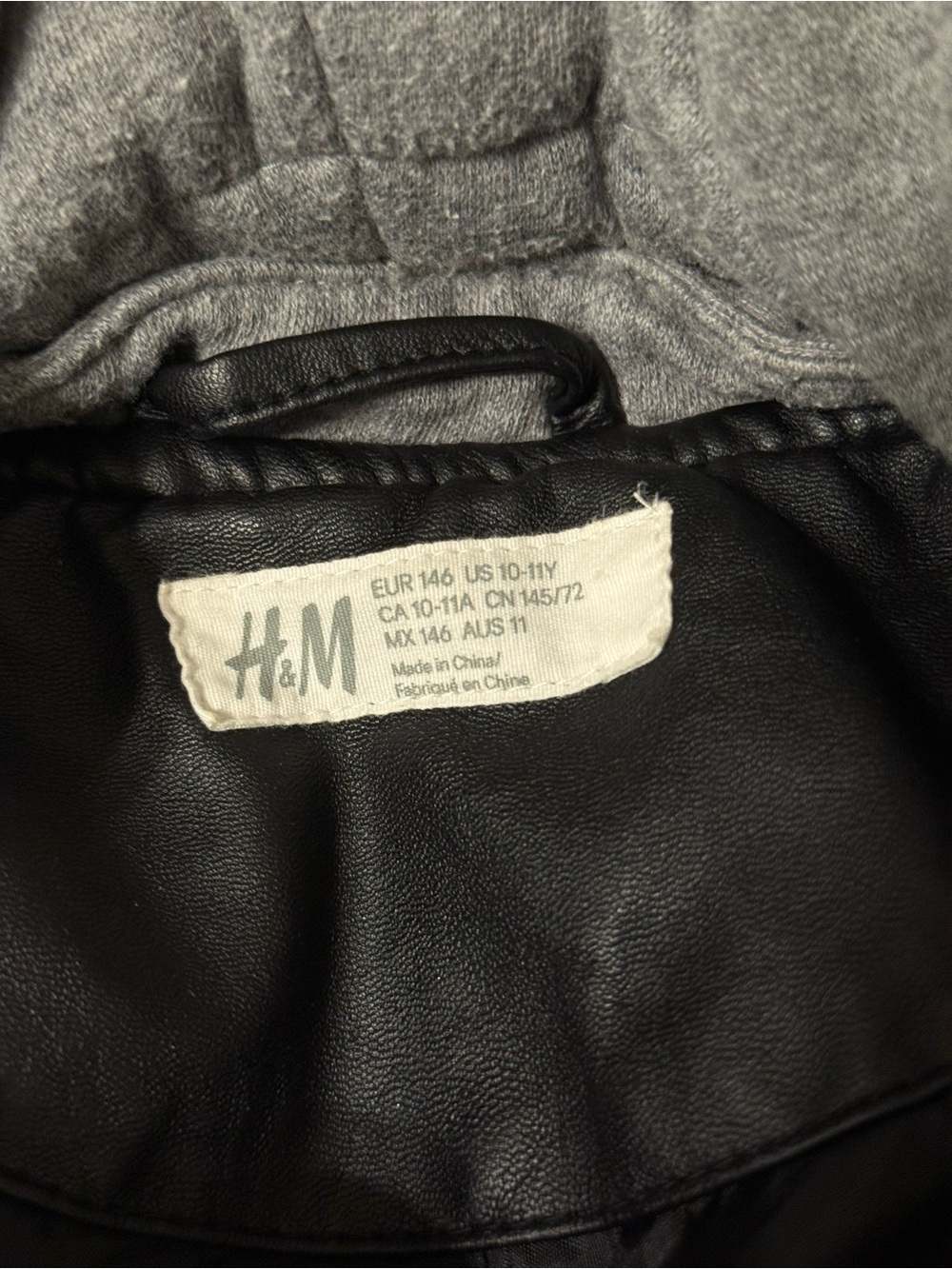 H&M Black Faux-Leather Bomber Jacket with Gray Hood - Picture 6 of 9